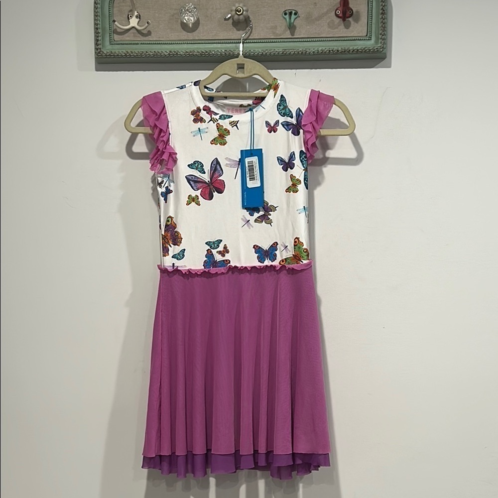 Terez garden butterfly dragon fly mesh active dress with ruffle cap sleeve 7/8